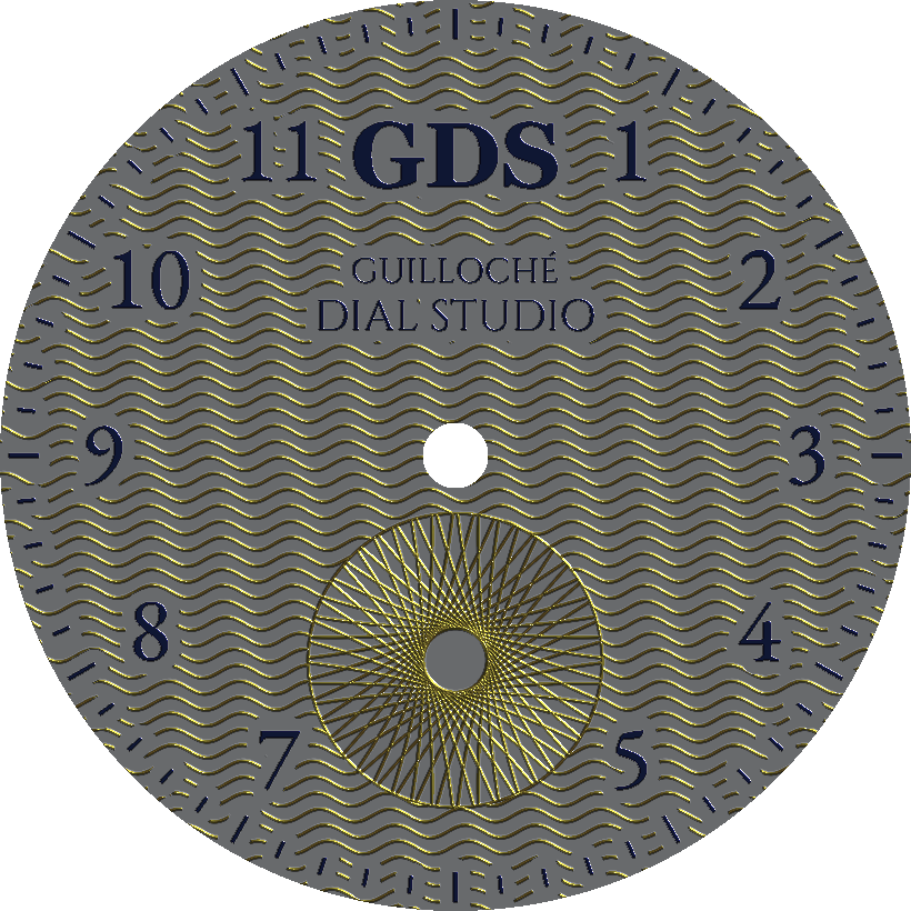Realistic anodized titanium moiré guilloché watch dial designed in Guilloché Dial Studio — gold anodized guilloché waves and a gold spirograph sub-dial on a bare titanium face, with royal-blue anodized numerals and the applied GDS logo.